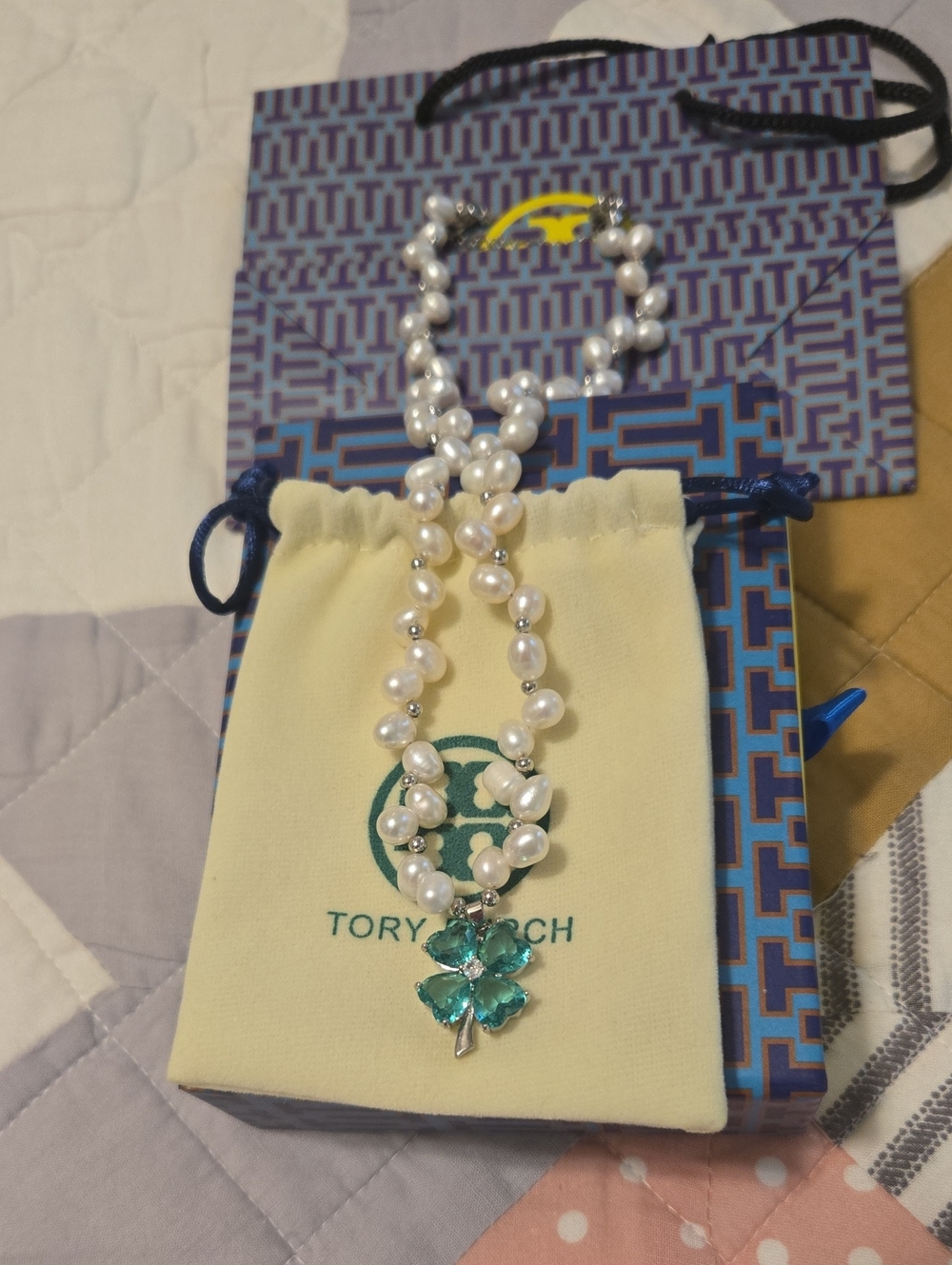 Tory Burch Pearl Necklace with Teal Flower Charm